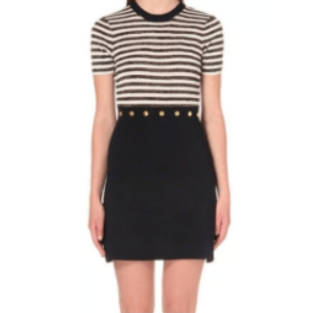 Sandro Redlake Stripe Dress Size S Gold Embellish Coastal Nautical Chic Parisian